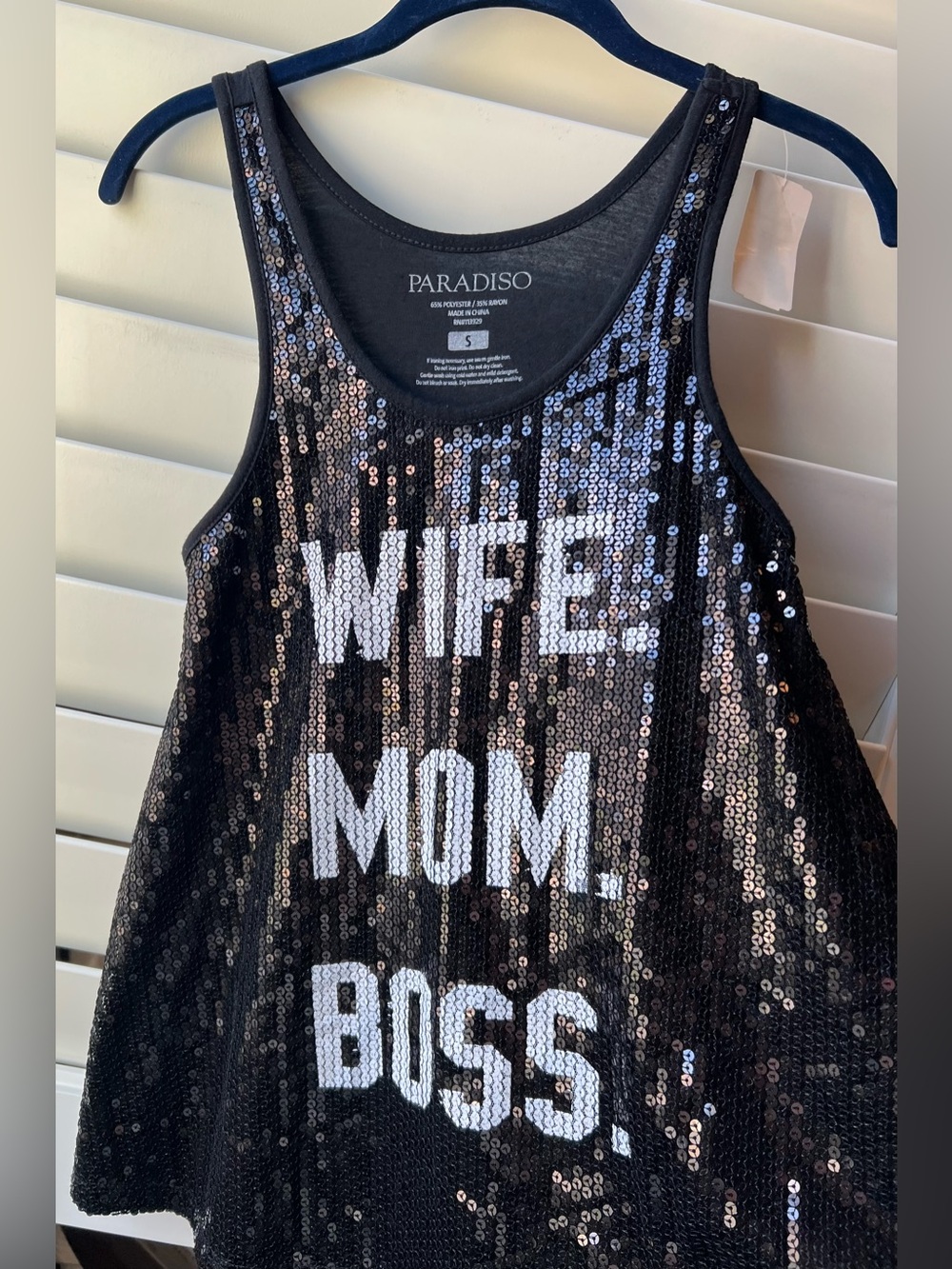 Paradiso New/Tags Small Sequin Tank Top - Black 'WIFE. MOM. BOSS.'